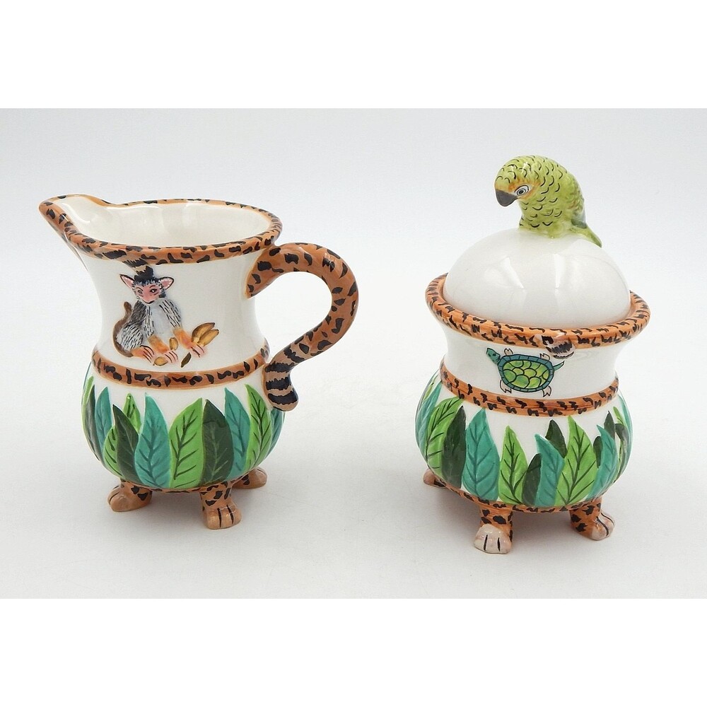 Lynn Chase JUNGLE JUBILEE Hand Painted Creamer & Covered Sugar Bowl Set 2006